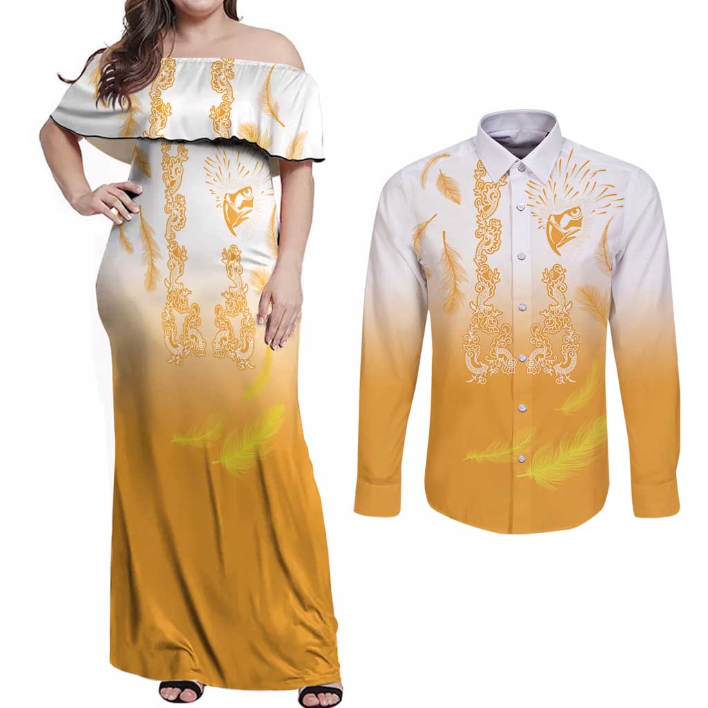 Philippines National Costume Style Couples Matching Off Shoulder Maxi Dress and Long Sleeve Button Shirt Barong Tagalog and Eagle Feather Yellow Color