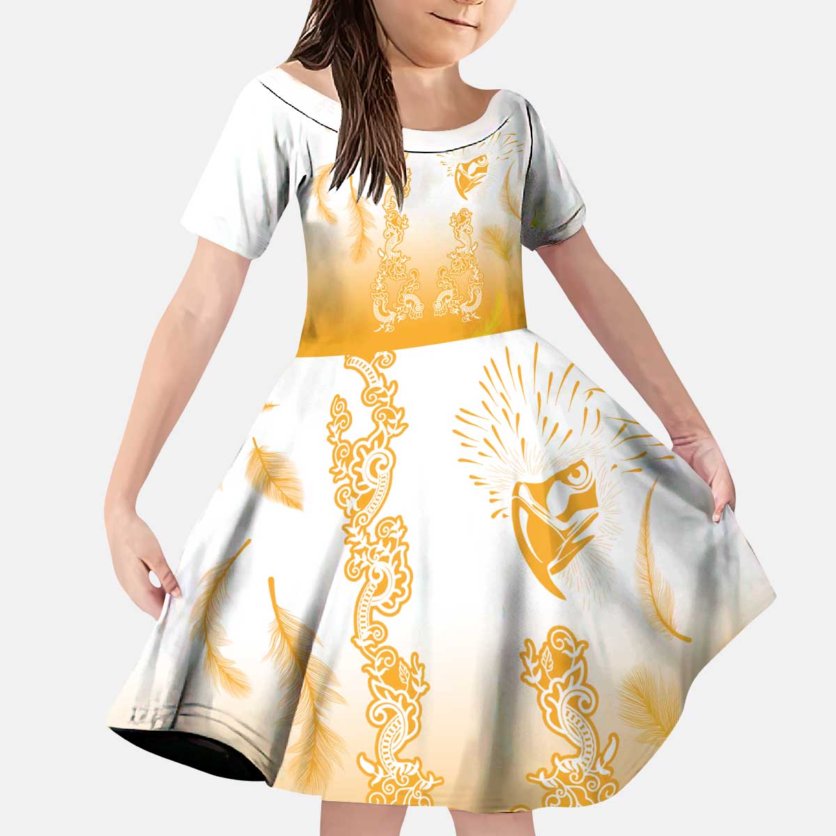 Philippines National Costume Style Kid Short Sleeve Dress Barong Tagalog and Eagle Feather Yellow Color