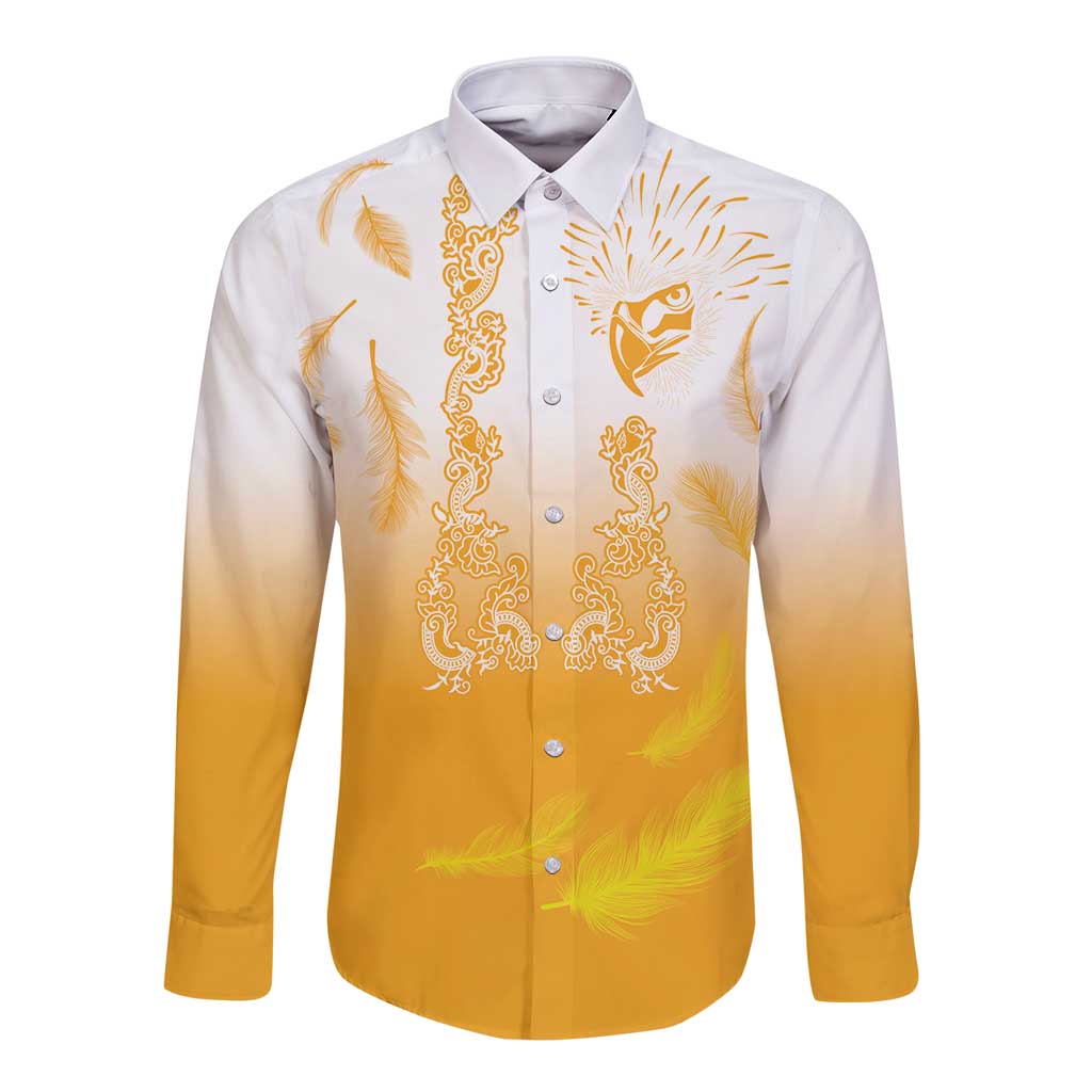 Philippines National Costume Style Long Sleeve Button Shirt Barong Tagalog and Eagle Feather Yellow Color