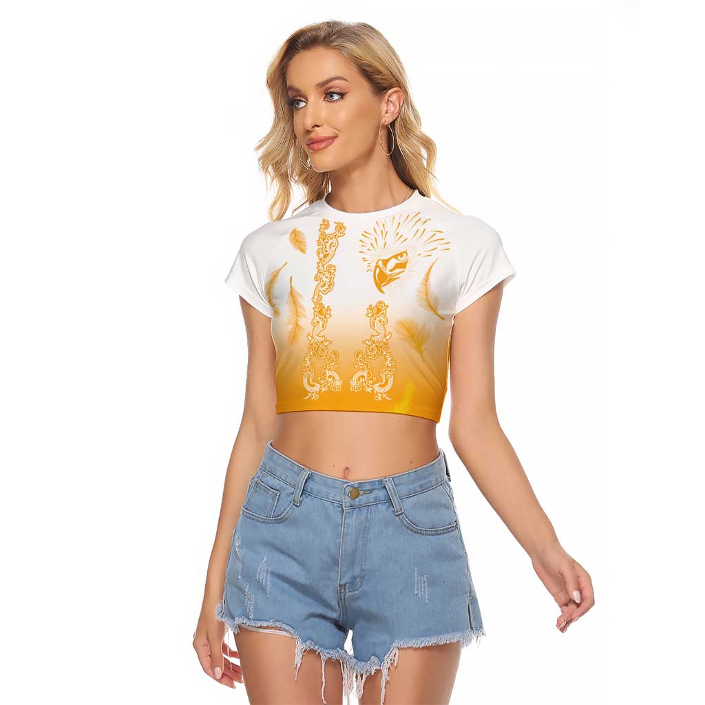 Philippines National Costume Style Raglan Cropped T Shirt Barong Tagalog and Eagle Feather Yellow Color