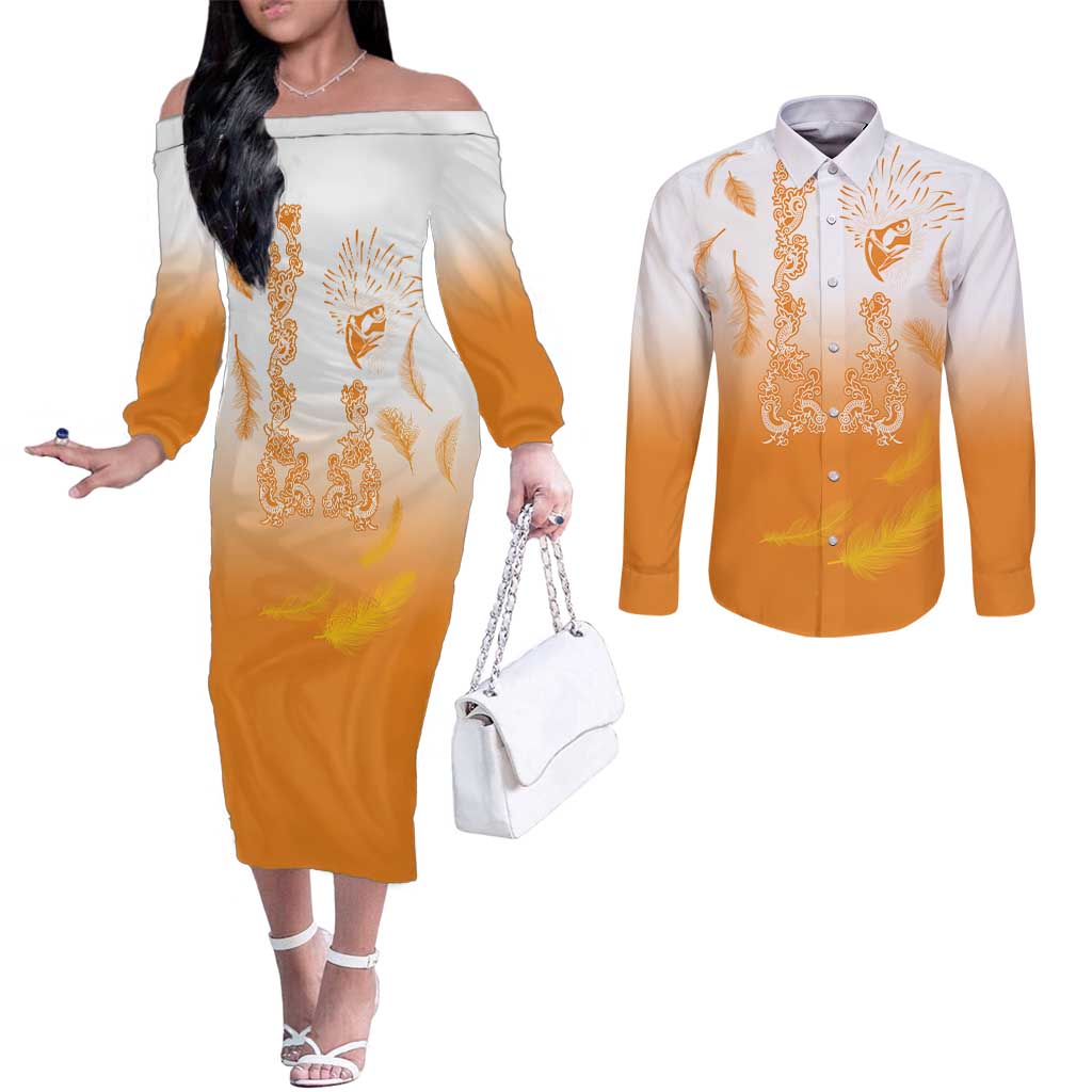 Philippines National Costume Style Couples Matching Off The Shoulder Long Sleeve Dress and Long Sleeve Button Shirt Barong Tagalog and Eagle Feather Orange Color