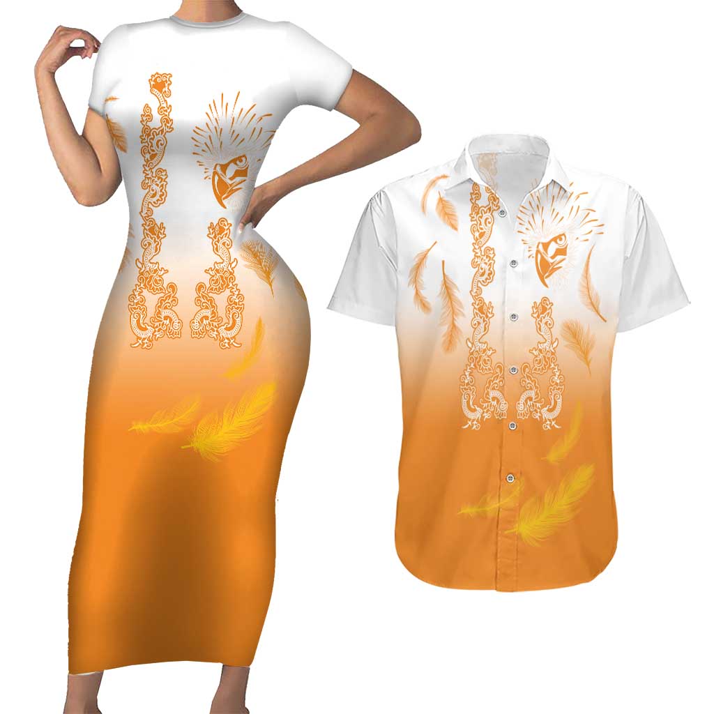 Philippines National Costume Style Couples Matching Short Sleeve Bodycon Dress and Hawaiian Shirt Barong Tagalog and Eagle Feather Orange Color