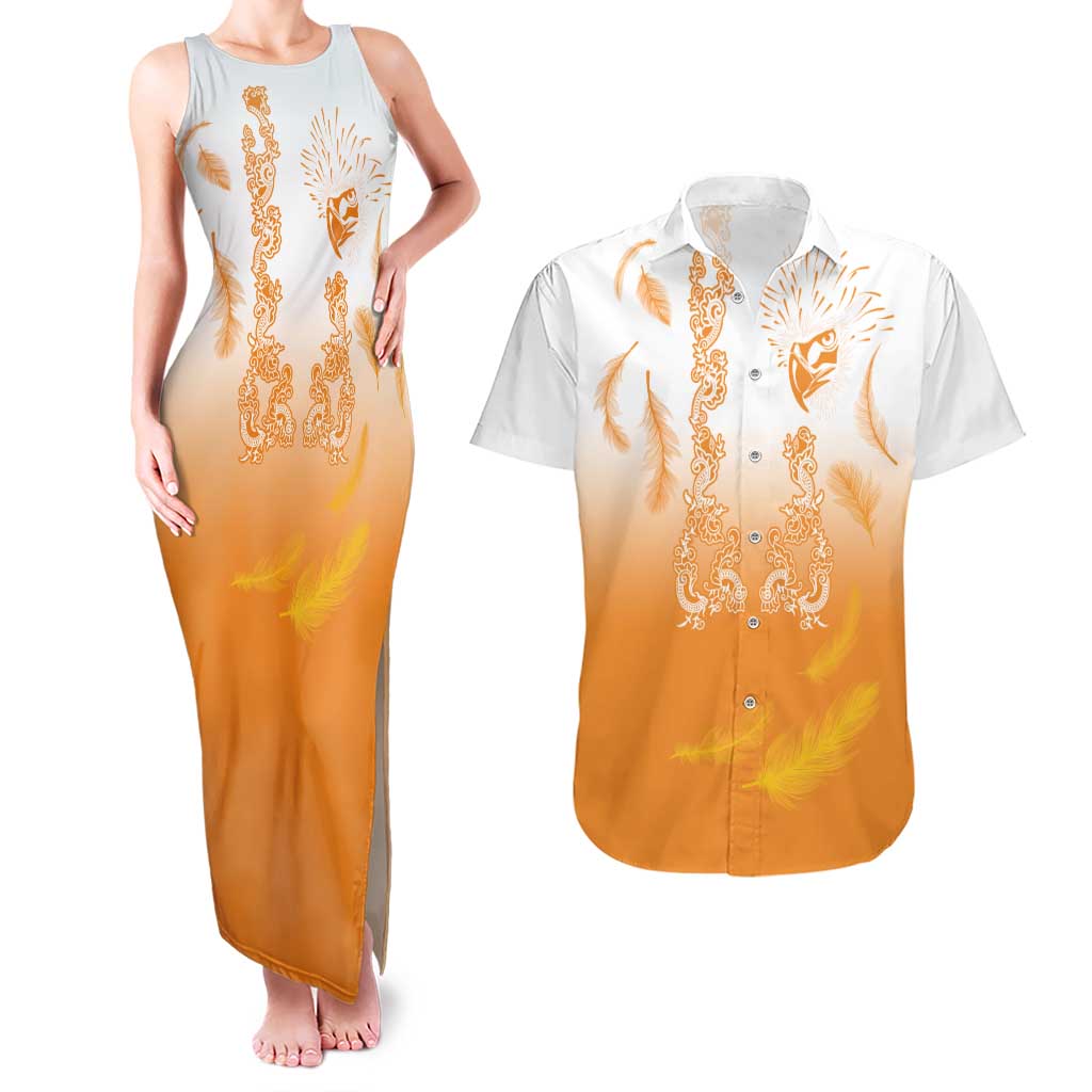 Philippines National Costume Style Couples Matching Tank Maxi Dress and Hawaiian Shirt Barong Tagalog and Eagle Feather Orange Color
