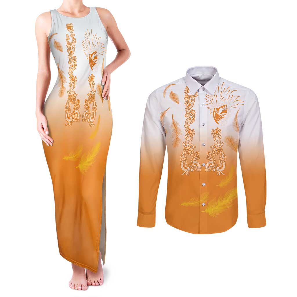 Philippines National Costume Style Couples Matching Tank Maxi Dress and Long Sleeve Button Shirt Barong Tagalog and Eagle Feather Orange Color