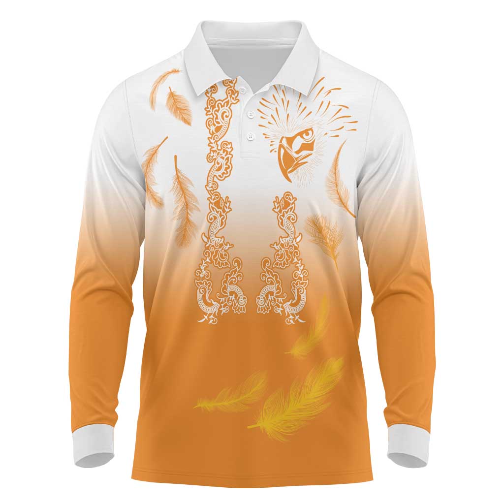 Philippines National Costume Style Long Sleeve Polo Shirt Barong Tagalog and Eagle Feather Orange Color