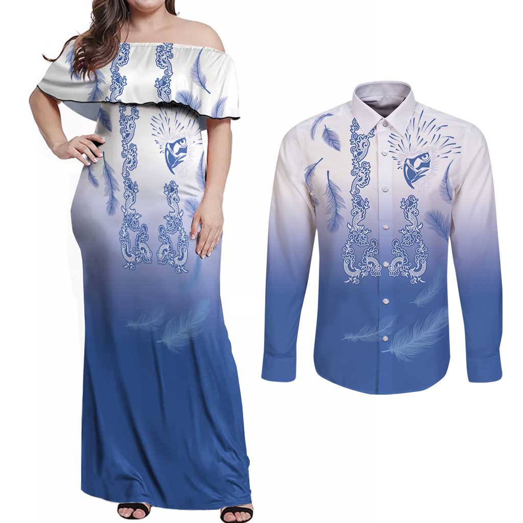 Philippines National Costume Style Couples Matching Off Shoulder Maxi Dress and Long Sleeve Button Shirt Barong Tagalog and Eagle Feather Blue Color