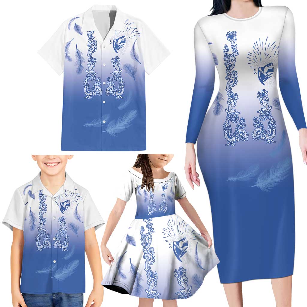 Philippines National Costume Style Family Matching Long Sleeve Bodycon Dress and Hawaiian Shirt Barong Tagalog and Eagle Feather Blue Color