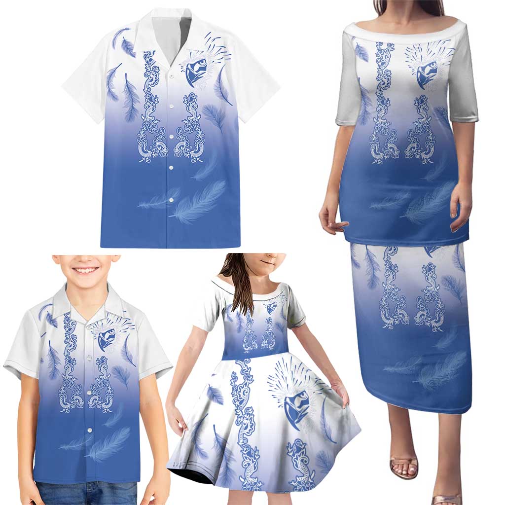 Philippines National Costume Style Family Matching Puletasi and Hawaiian Shirt Barong Tagalog and Eagle Feather Blue Color