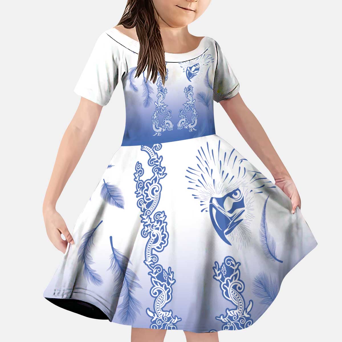 Philippines National Costume Style Kid Short Sleeve Dress Barong Tagalog and Eagle Feather Blue Color