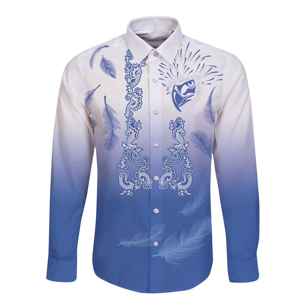 Philippines National Costume Style Long Sleeve Button Shirt Barong Tagalog and Eagle Feather Blue Color