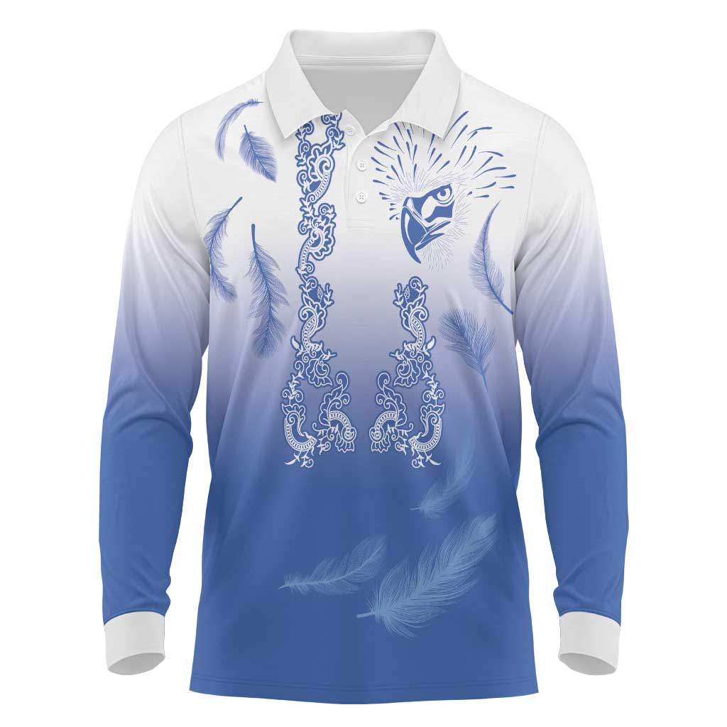 Philippines National Costume Style Long Sleeve Polo Shirt Barong Tagalog and Eagle Feather Blue Color