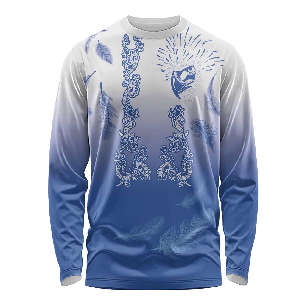 Philippines National Costume Style Long Sleeve Shirt Barong Tagalog and Eagle Feather Blue Color