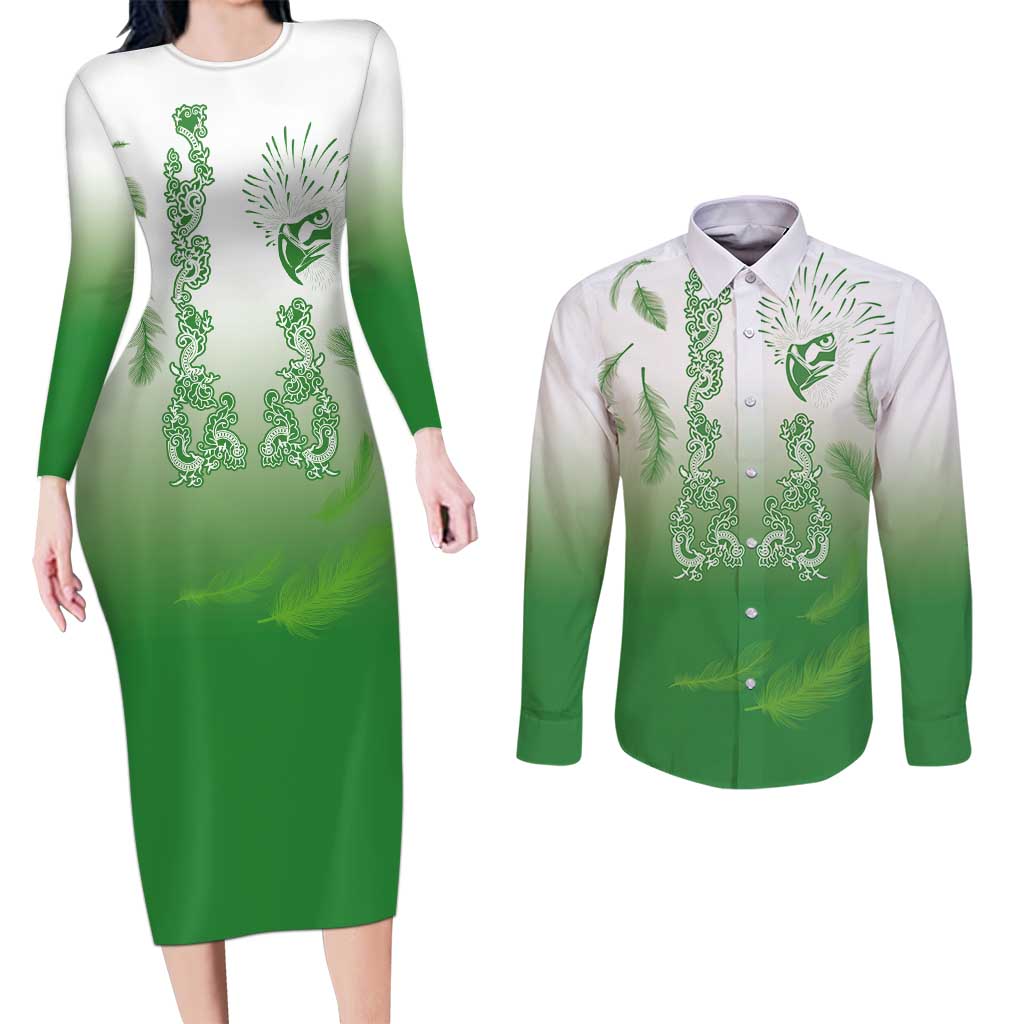 Philippines National Costume Style Couples Matching Long Sleeve Bodycon Dress and Long Sleeve Button Shirt Barong Tagalog and Eagle Feather Green Color