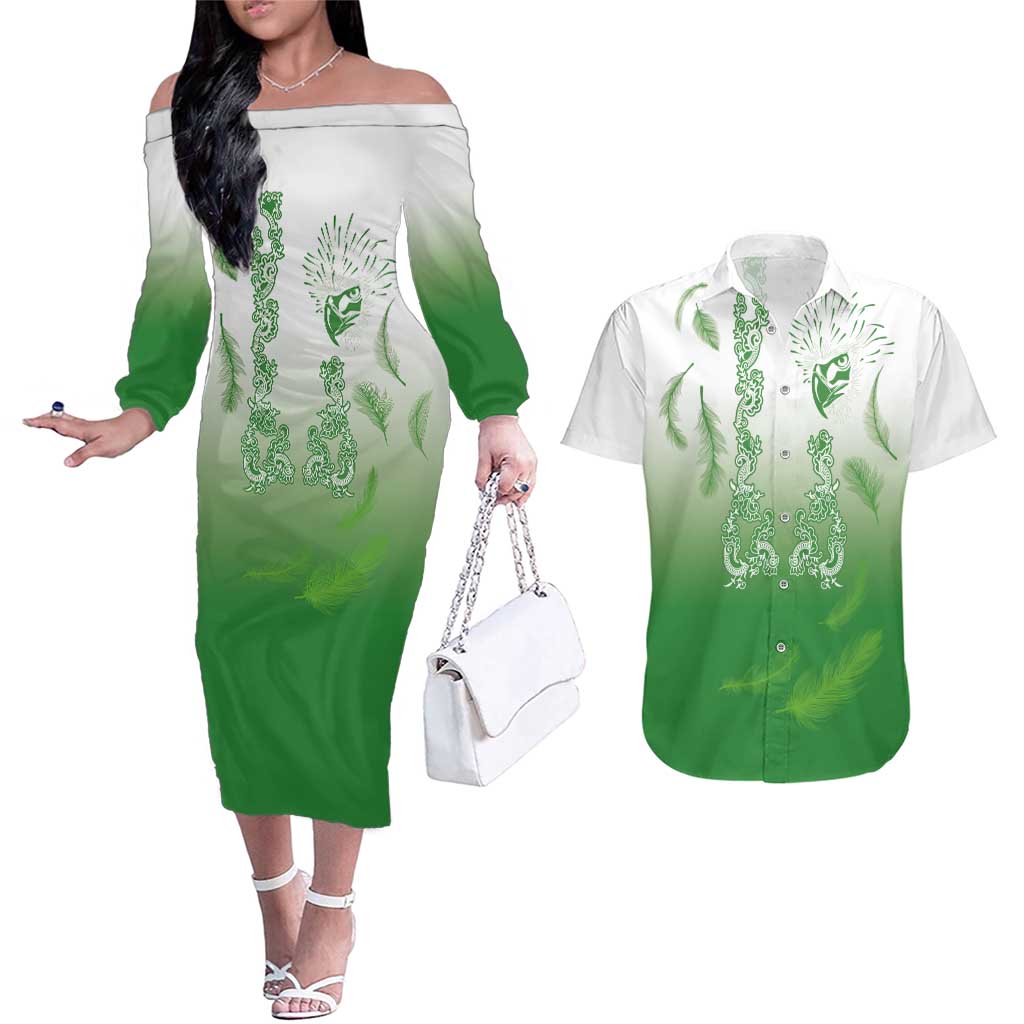 Philippines National Costume Style Couples Matching Off The Shoulder Long Sleeve Dress and Hawaiian Shirt Barong Tagalog and Eagle Feather Green Color