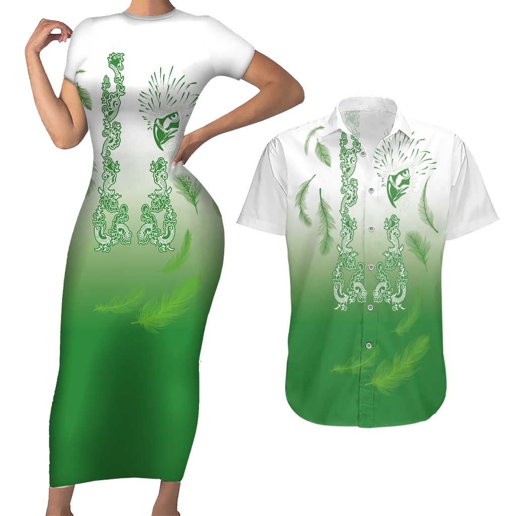 Philippines National Costume Style Couples Matching Short Sleeve Bodycon Dress and Hawaiian Shirt Barong Tagalog and Eagle Feather Green Color