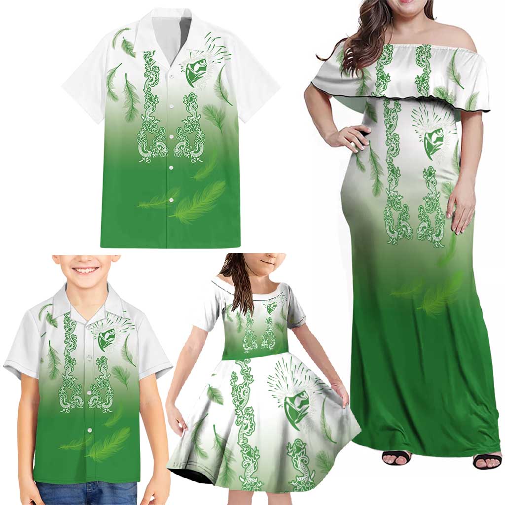 Philippines National Costume Style Family Matching Off Shoulder Maxi Dress and Hawaiian Shirt Barong Tagalog and Eagle Feather Green Color