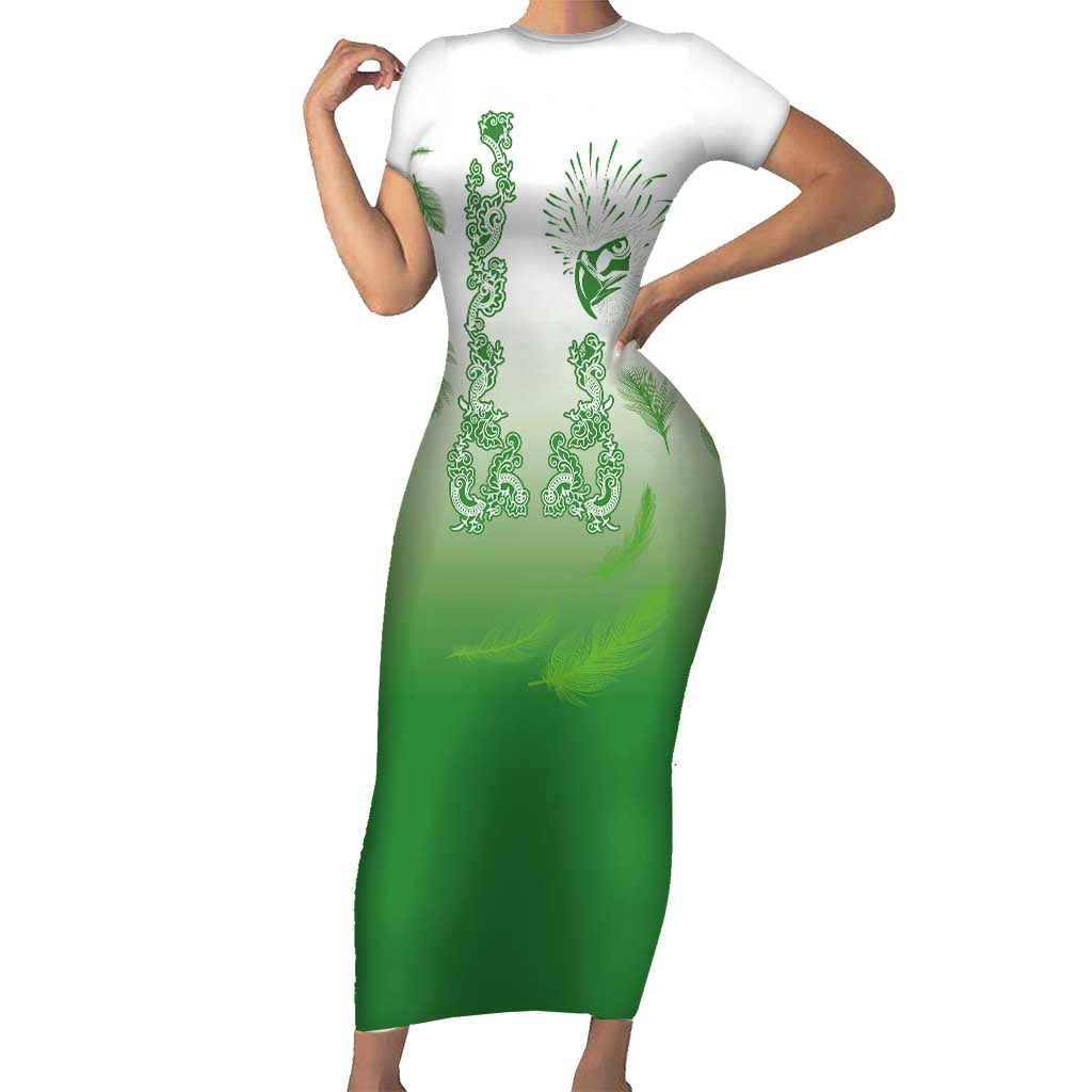 Philippines National Costume Style Short Sleeve Bodycon Dress Barong Tagalog and Eagle Feather Green Color