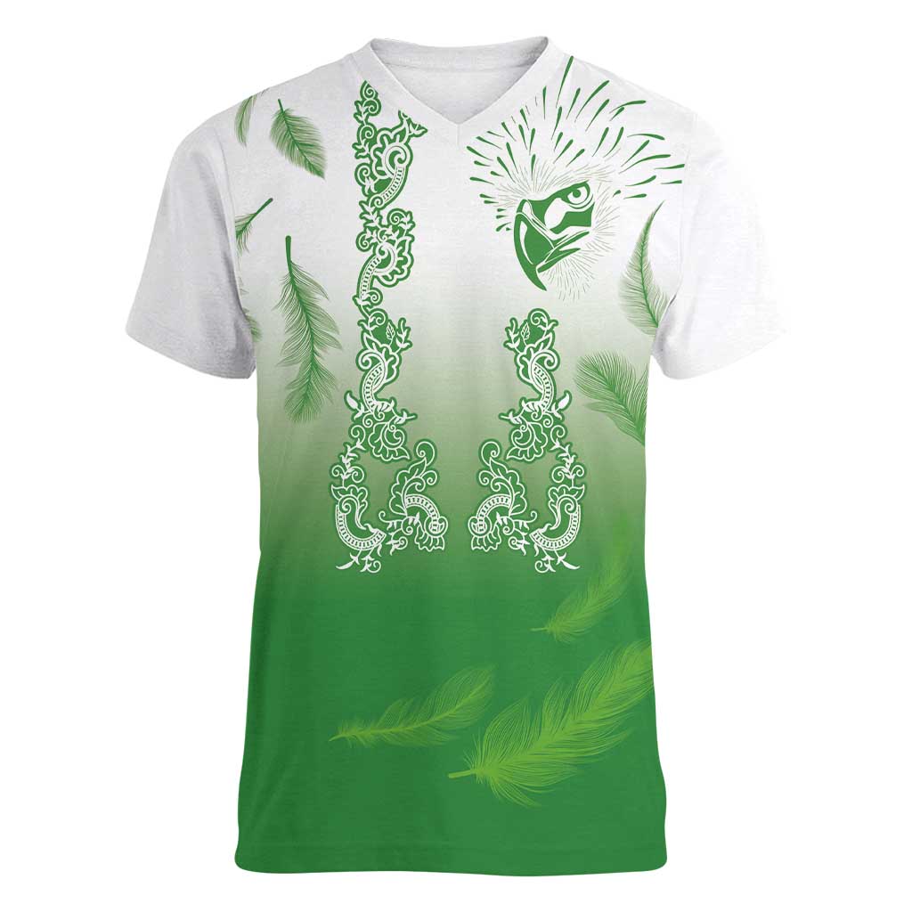 Philippines National Costume Style Women V-Neck T-Shirt Barong Tagalog and Eagle Feather Green Color