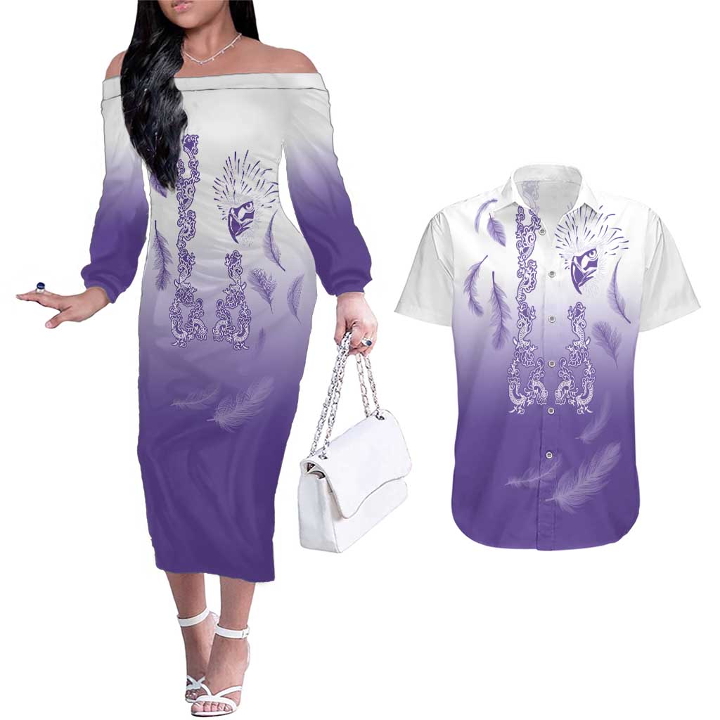 Philippines National Costume Style Couples Matching Off The Shoulder Long Sleeve Dress and Hawaiian Shirt Barong Tagalog and Eagle Feather Purple Color