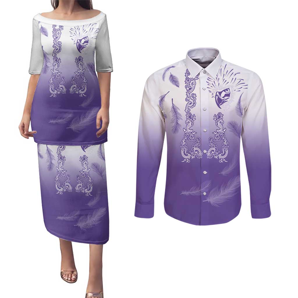 Philippines National Costume Style Couples Matching Puletasi and Long Sleeve Button Shirt Barong Tagalog and Eagle Feather Purple Color