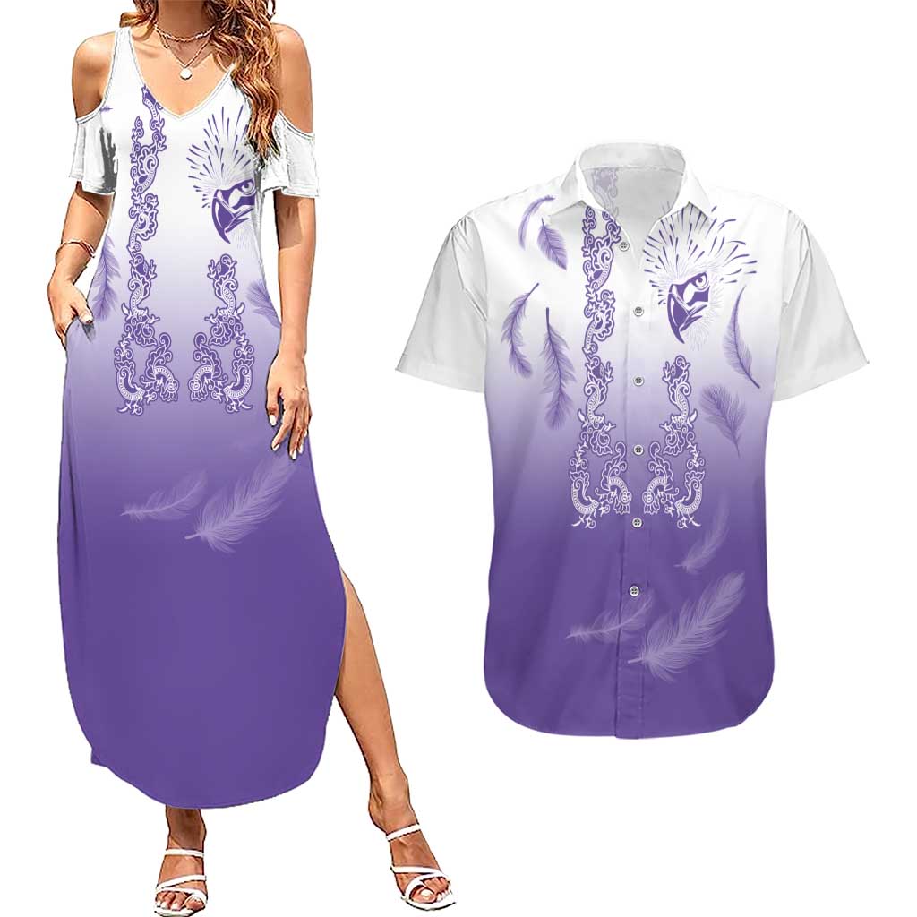 Philippines National Costume Style Couples Matching Summer Maxi Dress and Hawaiian Shirt Barong Tagalog and Eagle Feather Purple Color
