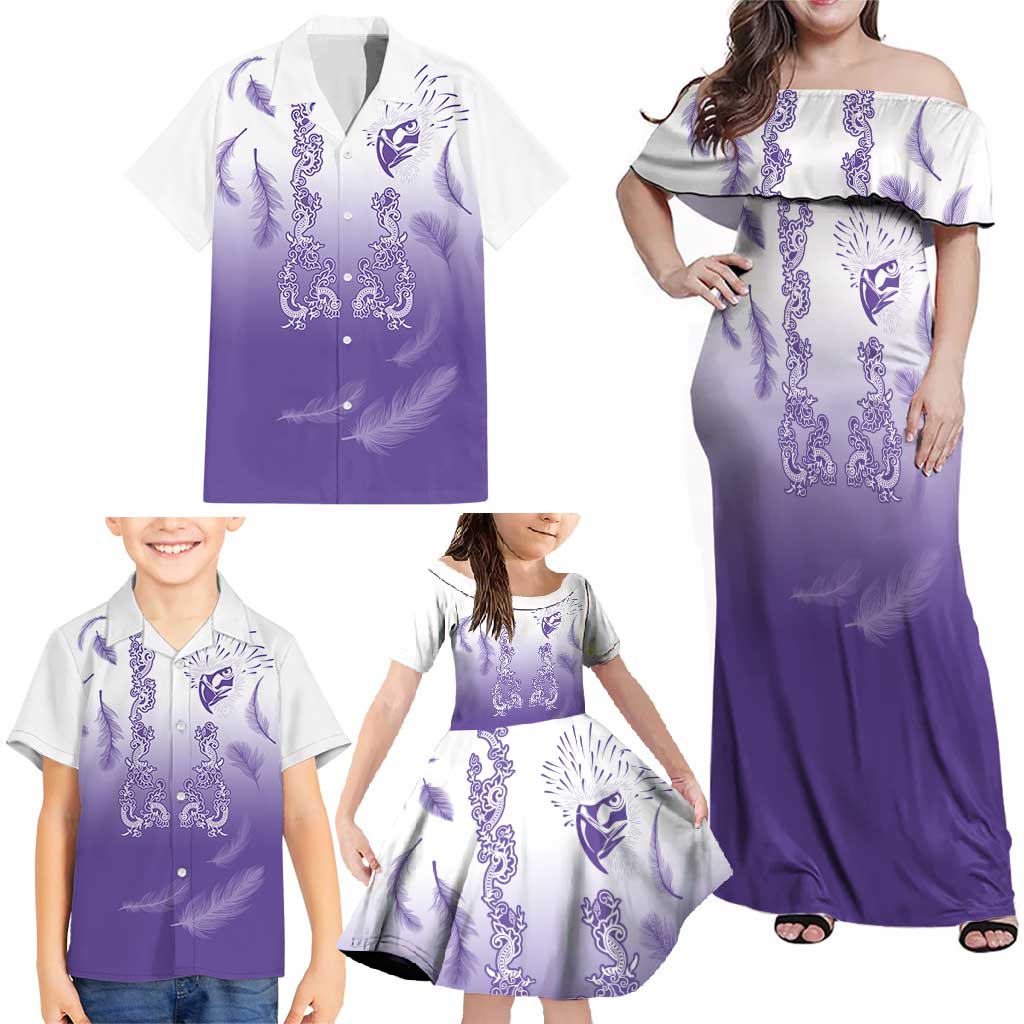 Philippines National Costume Style Family Matching Off Shoulder Maxi Dress and Hawaiian Shirt Barong Tagalog and Eagle Feather Purple Color