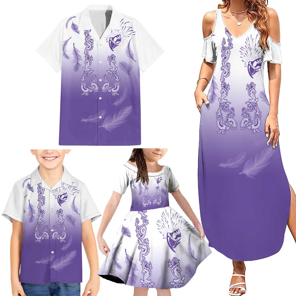 Philippines National Costume Style Family Matching Summer Maxi Dress and Hawaiian Shirt Barong Tagalog and Eagle Feather Purple Color