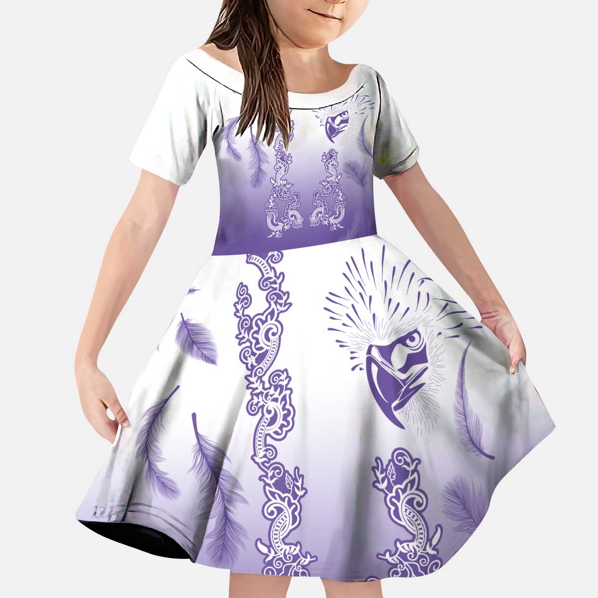 Philippines National Costume Style Kid Short Sleeve Dress Barong Tagalog and Eagle Feather Purple Color