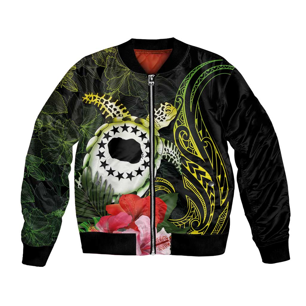 Kia Orana Cook Islands Bomber Jacket Turtle and Hibiscus Polynesian Pattern