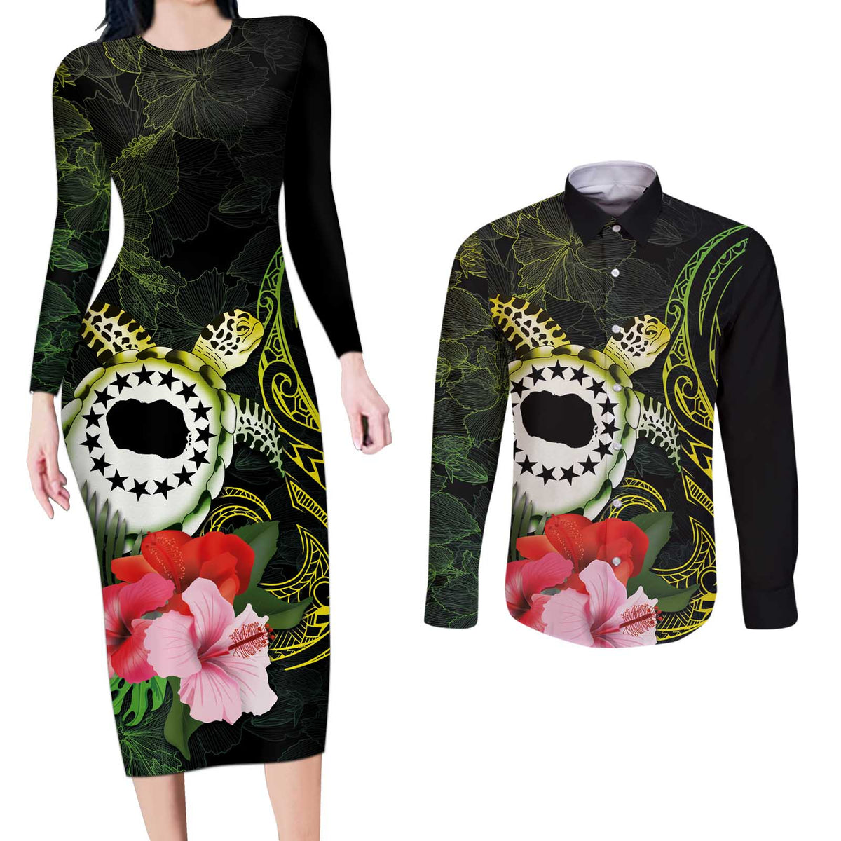 Kia Orana Cook Islands Couples Matching Long Sleeve Bodycon Dress and Long Sleeve Button Shirt Turtle and Hibiscus Polynesian Pattern LT03 Yellow - Polynesian Pride