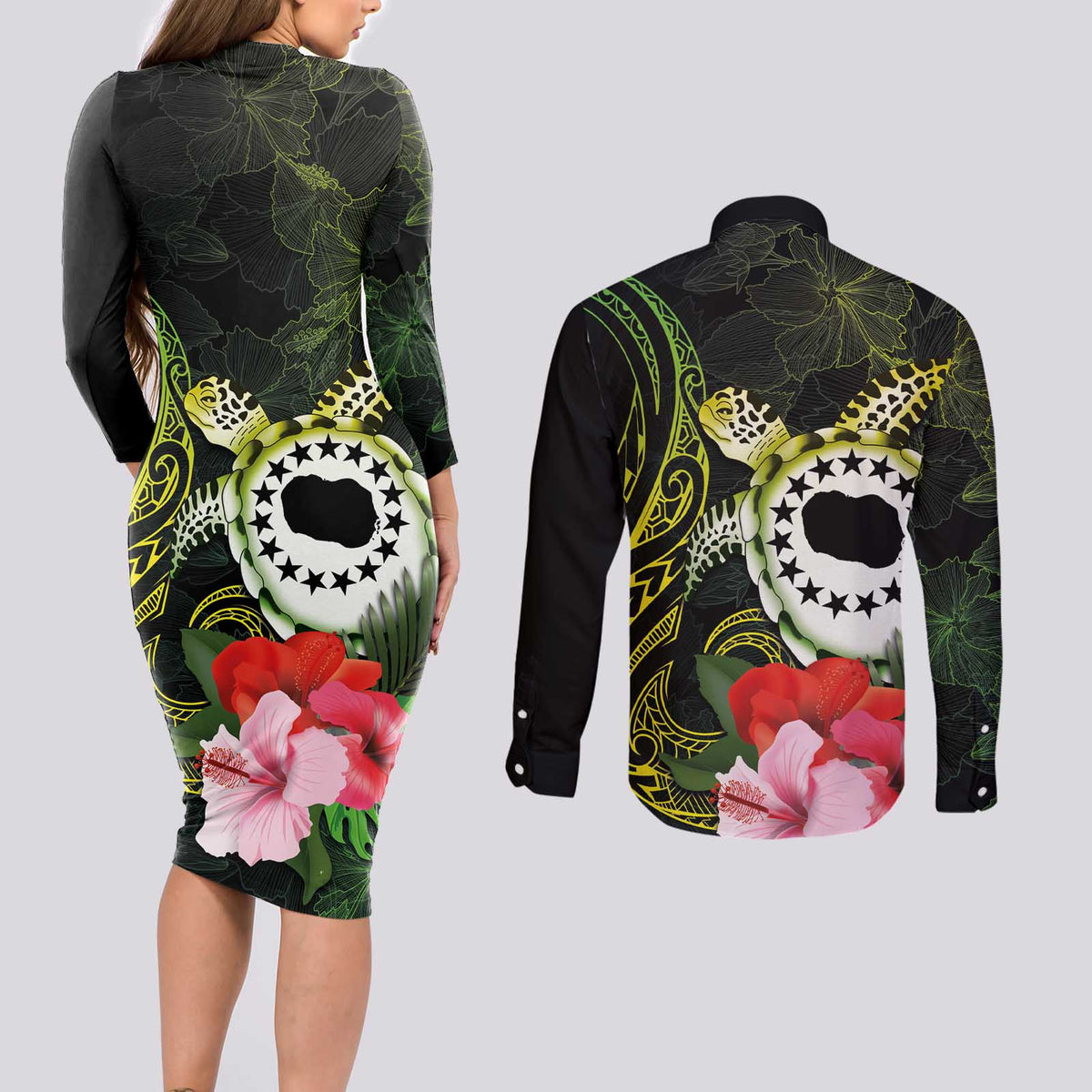 Kia Orana Cook Islands Couples Matching Long Sleeve Bodycon Dress and Long Sleeve Button Shirt Turtle and Hibiscus Polynesian Pattern LT03 - Polynesian Pride