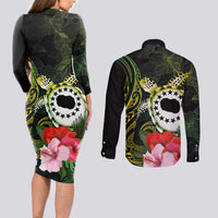 Kia Orana Cook Islands Couples Matching Long Sleeve Bodycon Dress and Long Sleeve Button Shirt Turtle and Hibiscus Polynesian Pattern LT03 - Polynesian Pride