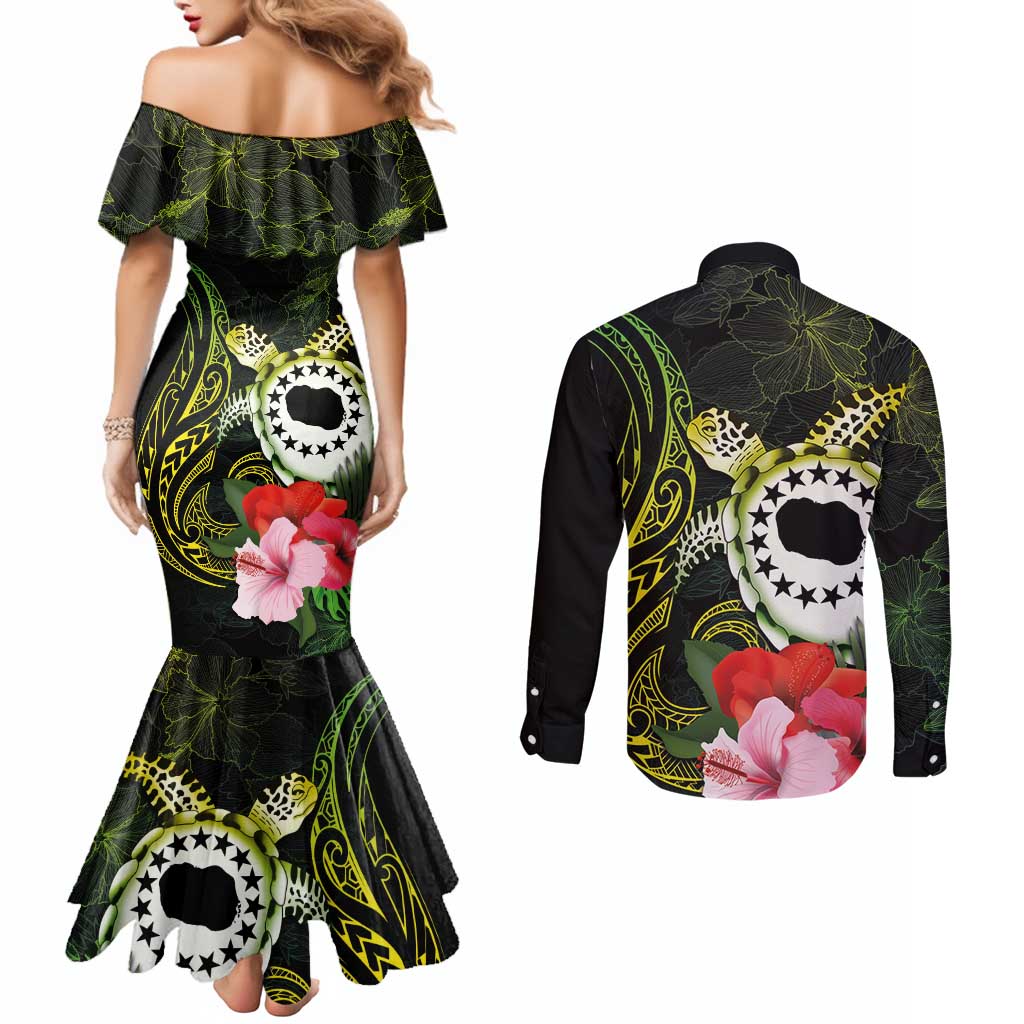 Kia Orana Cook Islands Couples Matching Mermaid Dress and Long Sleeve Button Shirt Turtle and Hibiscus Polynesian Pattern LT03 - Polynesian Pride