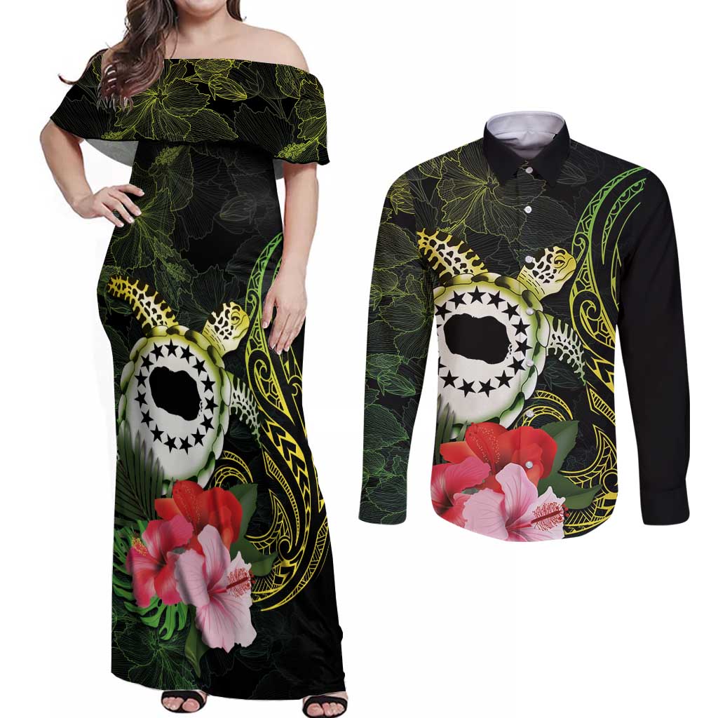 Kia Orana Cook Islands Couples Matching Off Shoulder Maxi Dress and Long Sleeve Button Shirt Turtle and Hibiscus Polynesian Pattern LT03 Yellow - Polynesian Pride