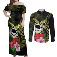 Kia Orana Cook Islands Couples Matching Off Shoulder Maxi Dress and Long Sleeve Button Shirt Turtle and Hibiscus Polynesian Pattern LT03 Yellow - Polynesian Pride