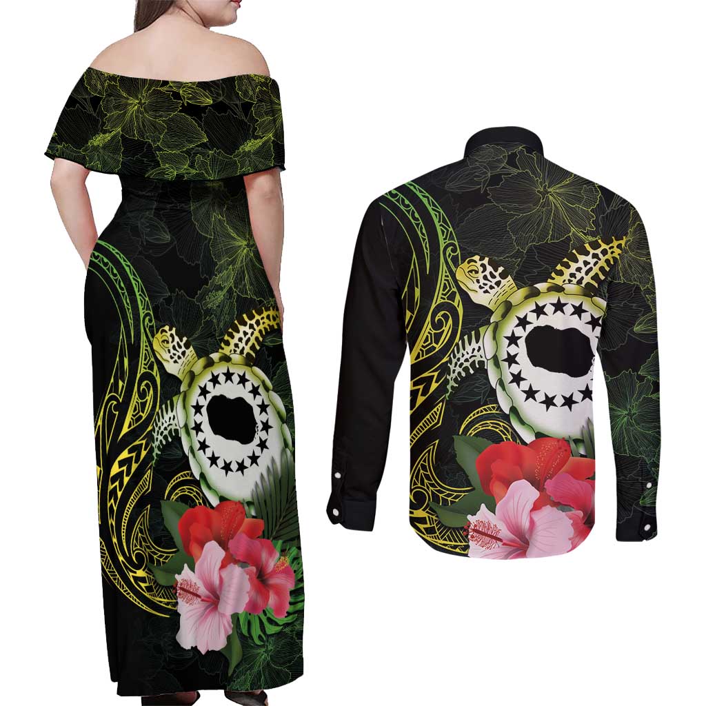 Kia Orana Cook Islands Couples Matching Off Shoulder Maxi Dress and Long Sleeve Button Shirt Turtle and Hibiscus Polynesian Pattern LT03 - Polynesian Pride