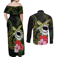 Kia Orana Cook Islands Couples Matching Off Shoulder Maxi Dress and Long Sleeve Button Shirt Turtle and Hibiscus Polynesian Pattern LT03 - Polynesian Pride