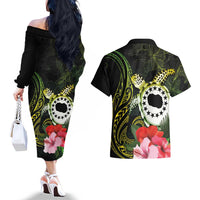 Kia Orana Cook Islands Couples Matching Off The Shoulder Long Sleeve Dress and Hawaiian Shirt Turtle and Hibiscus Polynesian Pattern