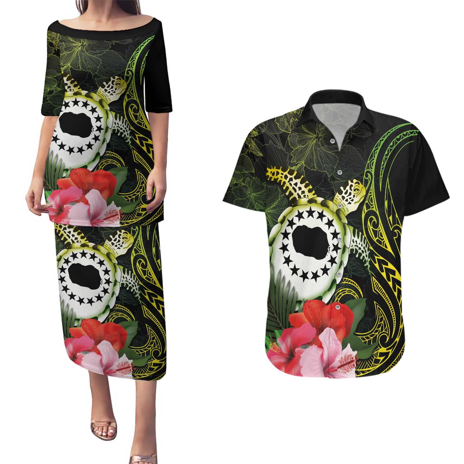 Kia Orana Cook Islands Couples Matching Puletasi and Hawaiian Shirt Turtle and Hibiscus Polynesian Pattern
