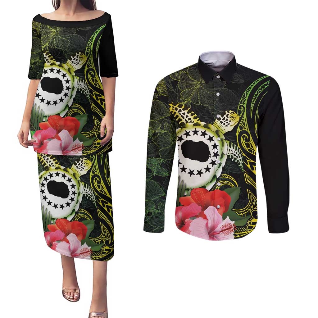 Kia Orana Cook Islands Couples Matching Puletasi and Long Sleeve Button Shirt Turtle and Hibiscus Polynesian Pattern LT03 Yellow - Polynesian Pride