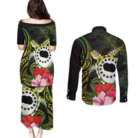 Kia Orana Cook Islands Couples Matching Puletasi and Long Sleeve Button Shirt Turtle and Hibiscus Polynesian Pattern LT03 - Polynesian Pride