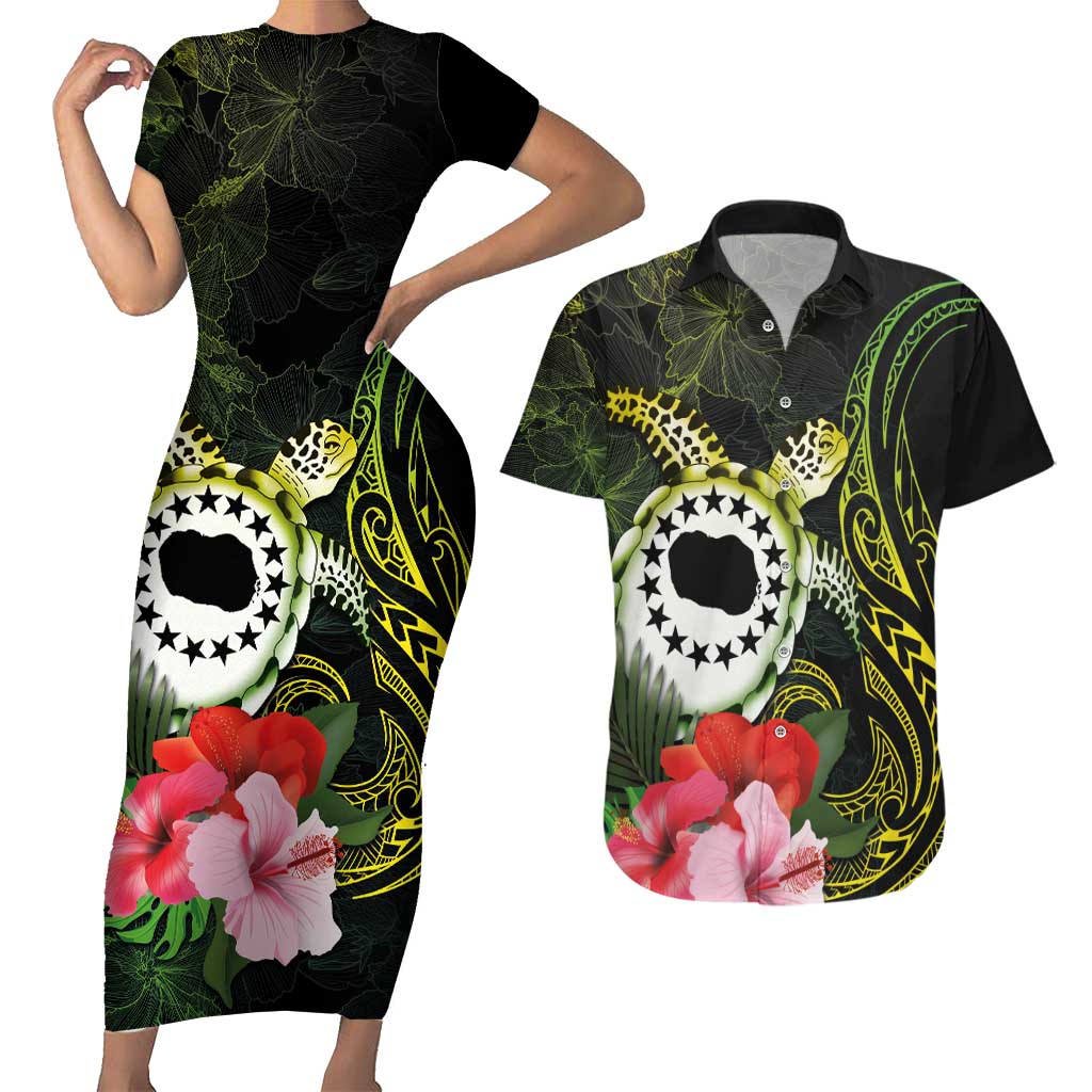 Kia Orana Cook Islands Couples Matching Short Sleeve Bodycon Dress and Hawaiian Shirt Turtle and Hibiscus Polynesian Pattern