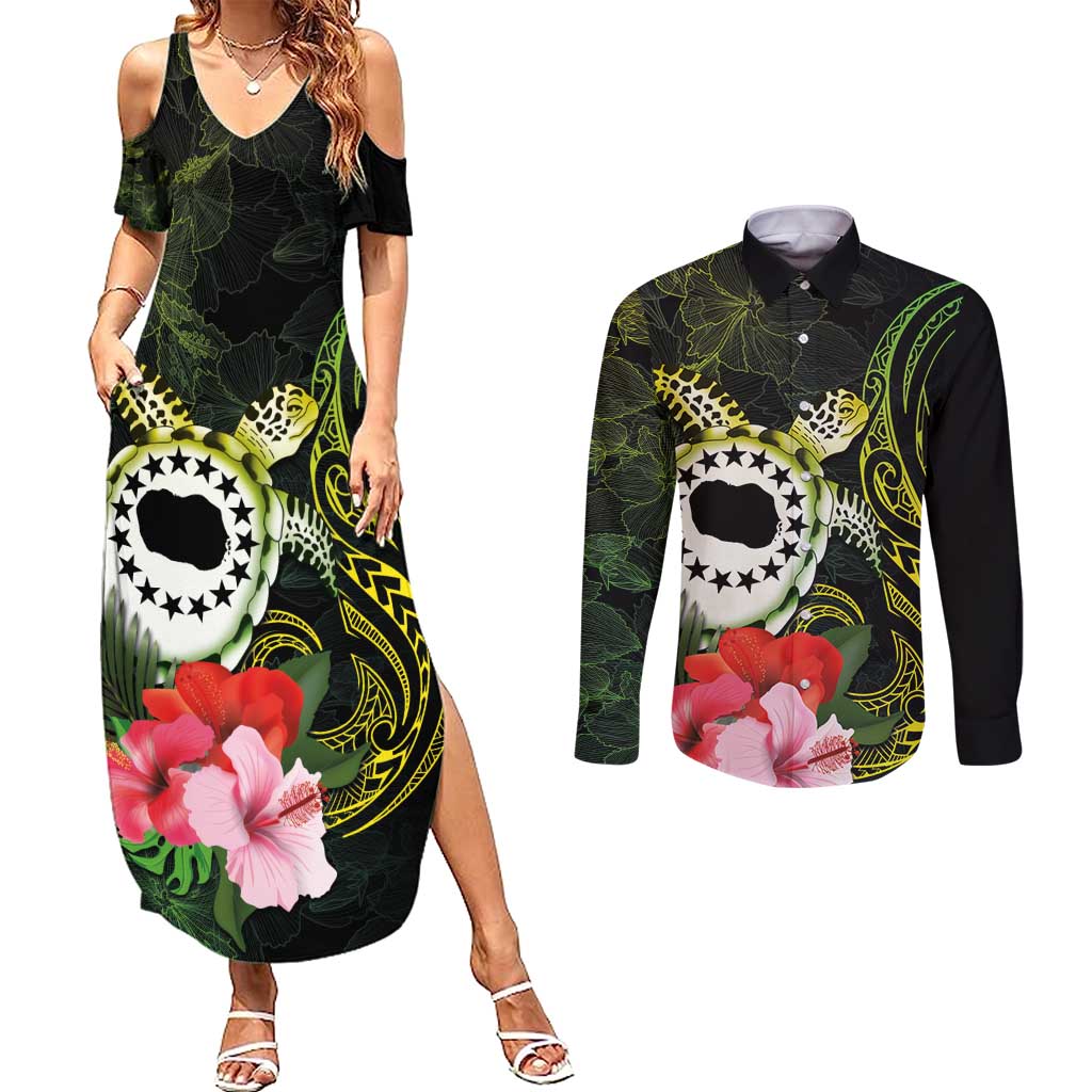 Kia Orana Cook Islands Couples Matching Summer Maxi Dress and Long Sleeve Button Shirt Turtle and Hibiscus Polynesian Pattern LT03 Yellow - Polynesian Pride