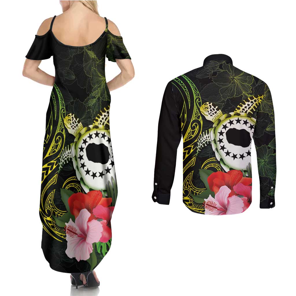 Kia Orana Cook Islands Couples Matching Summer Maxi Dress and Long Sleeve Button Shirt Turtle and Hibiscus Polynesian Pattern LT03 - Polynesian Pride