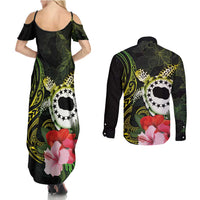 Kia Orana Cook Islands Couples Matching Summer Maxi Dress and Long Sleeve Button Shirt Turtle and Hibiscus Polynesian Pattern LT03 - Polynesian Pride
