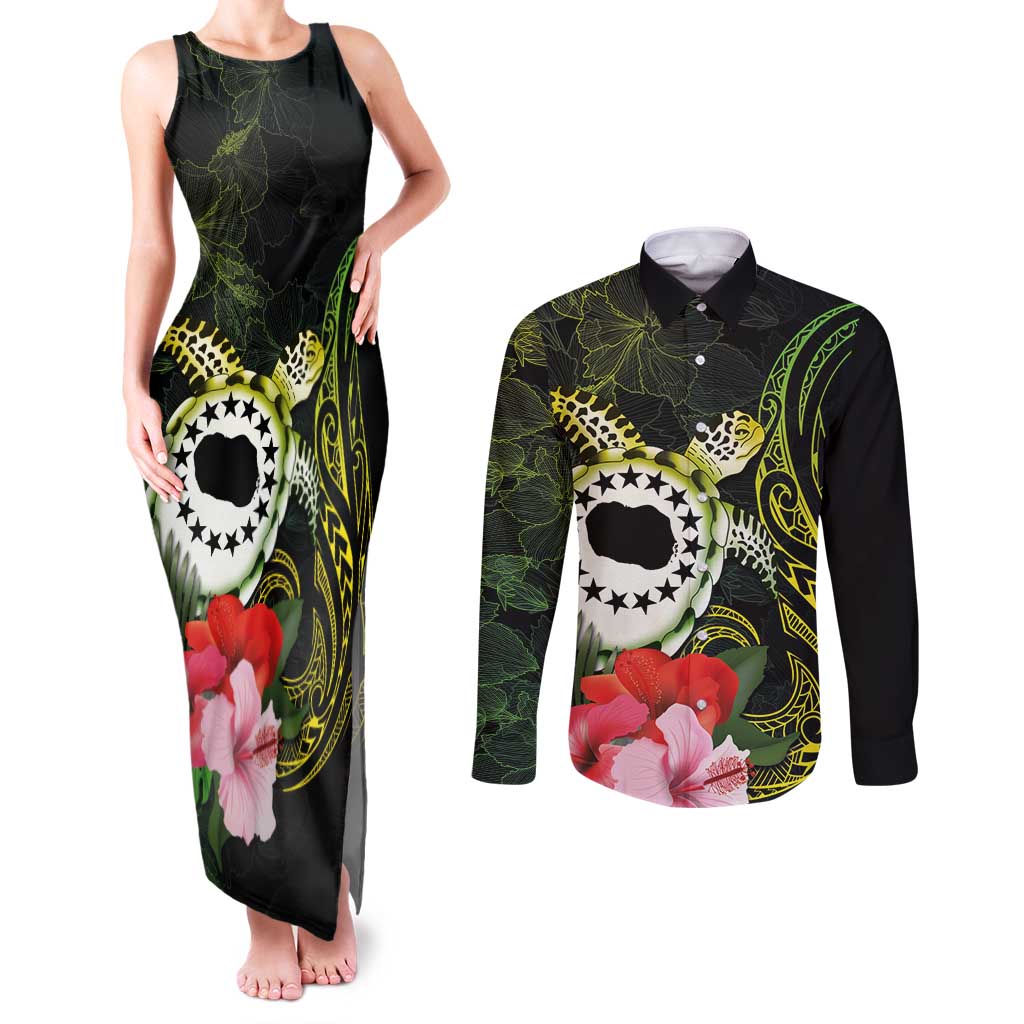 Kia Orana Cook Islands Couples Matching Tank Maxi Dress and Long Sleeve Button Shirt Turtle and Hibiscus Polynesian Pattern LT03 Yellow - Polynesian Pride