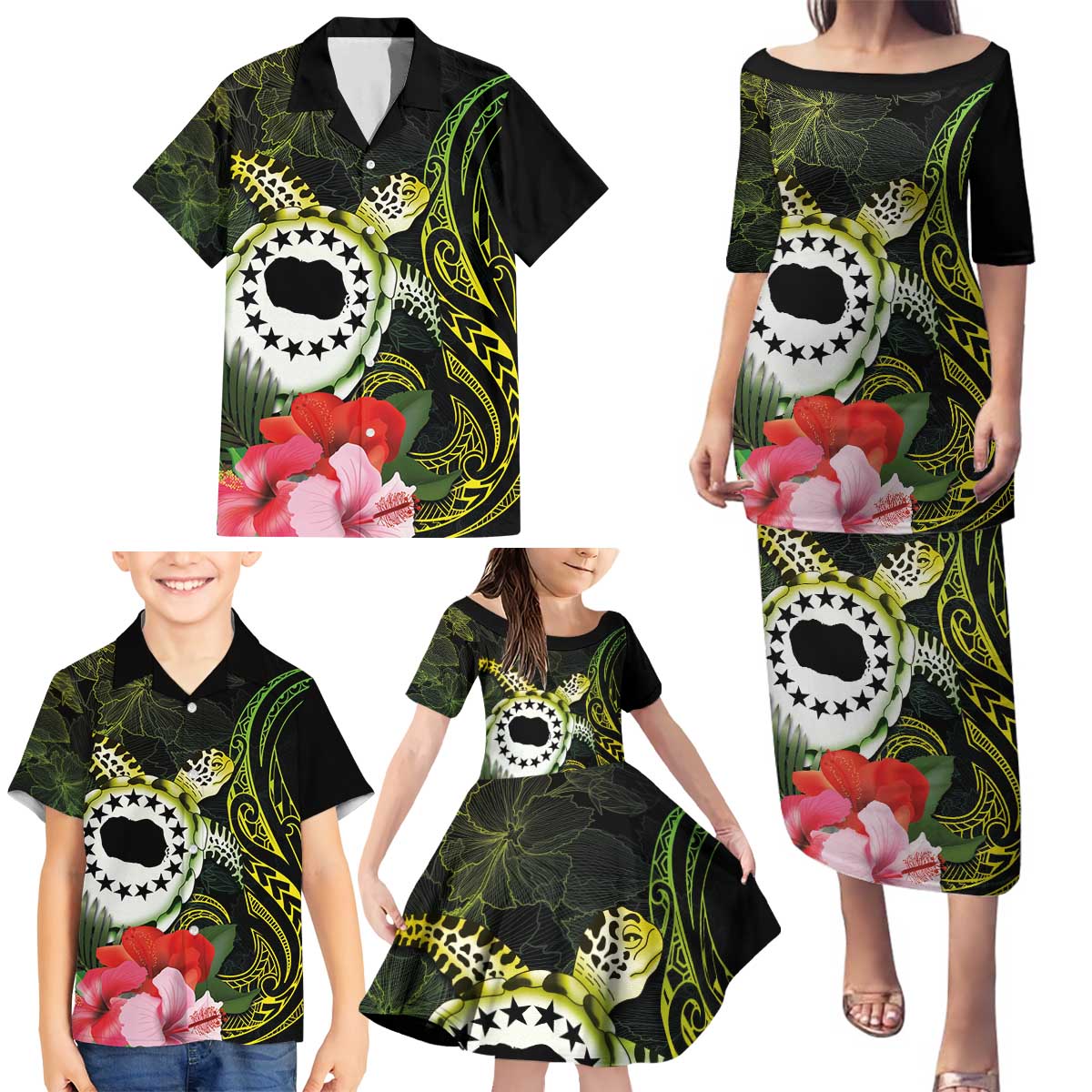 Kia Orana Cook Islands Family Matching Puletasi and Hawaiian Shirt Turtle and Hibiscus Polynesian Pattern