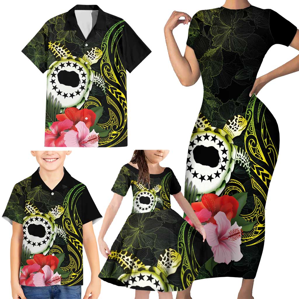 Kia Orana Cook Islands Family Matching Short Sleeve Bodycon Dress and Hawaiian Shirt Turtle and Hibiscus Polynesian Pattern