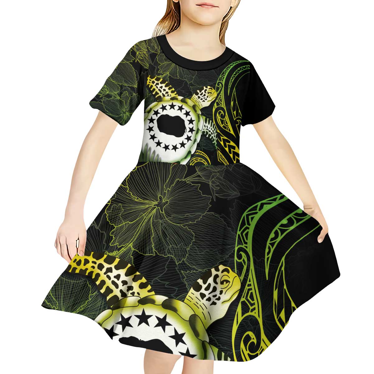 Kia Orana Cook Islands Kid Short Sleeve Dress Turtle and Hibiscus Polynesian Pattern