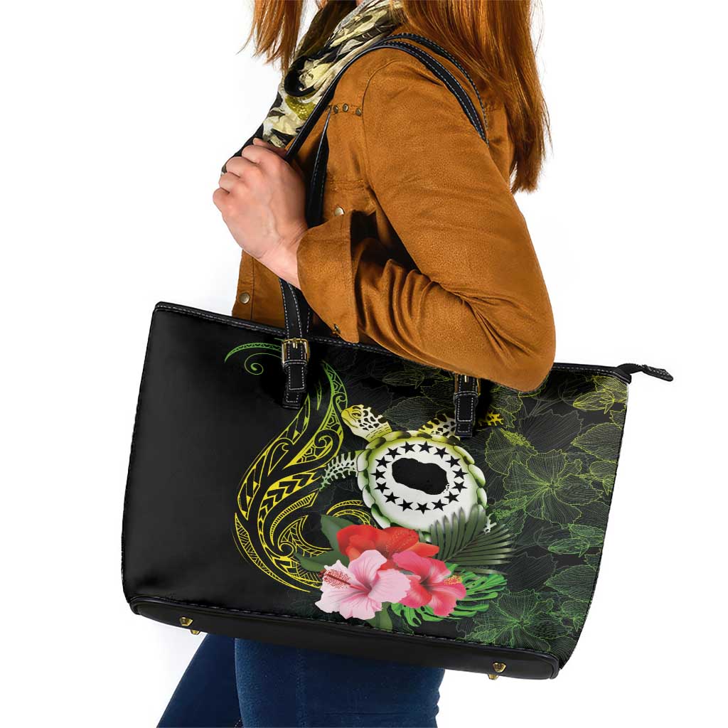 Kia Orana Cook Islands Leather Tote Bag Turtle and Hibiscus Polynesian Pattern LT03 Yellow - Polynesian Pride